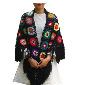 Handmade Crochet Tassels Fringed Poncho Cape Shawls Wraps Granny Square Womens🐱